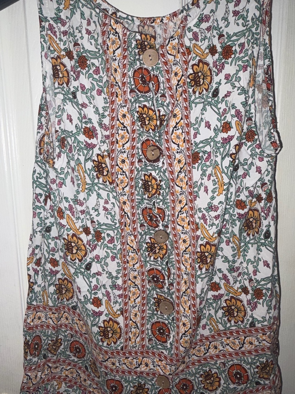 Sleeveless Floral Button-Front Blouse in White with Mustard & Green